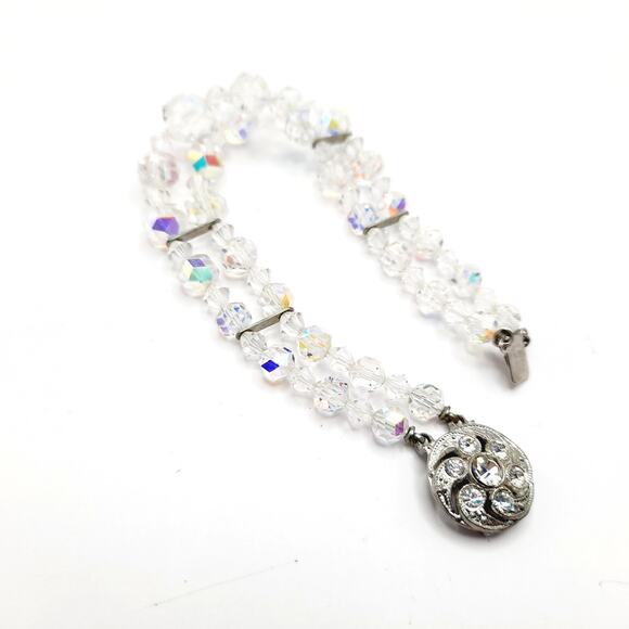 Vintage 1950s Wedding Bracelet, Aurora Borealis Crystal Beads, Rhinestone Clasp - Picture 12 of 14